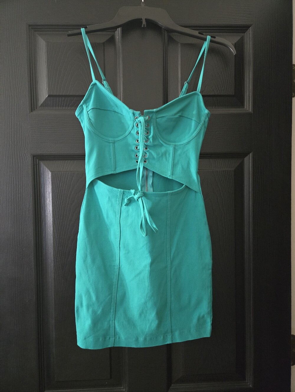 Timing Teal Lace-Up Cutout Mini Dress